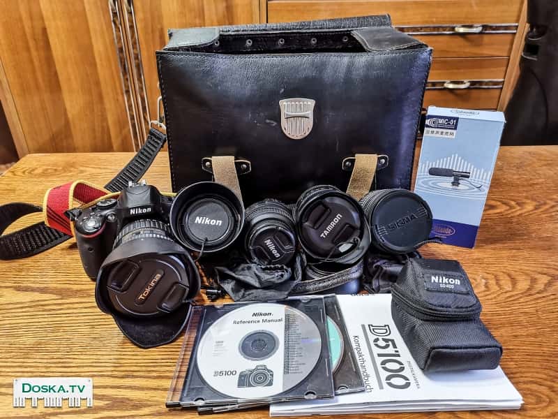 Nikon d5100;nikon 3,5-5,6/18-55mm;yongnuo 2/35mm;t0kina 2,8/11-16mm;tamron 3,5-6,3/16-300mm;батарейный блок;зарядное устройство;4 аккумулятора;приставной диоптрический