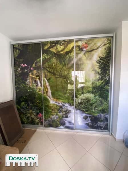 3 стеклянные двери с общим рисунком природы 2600×2400.самовывоз с кирьят